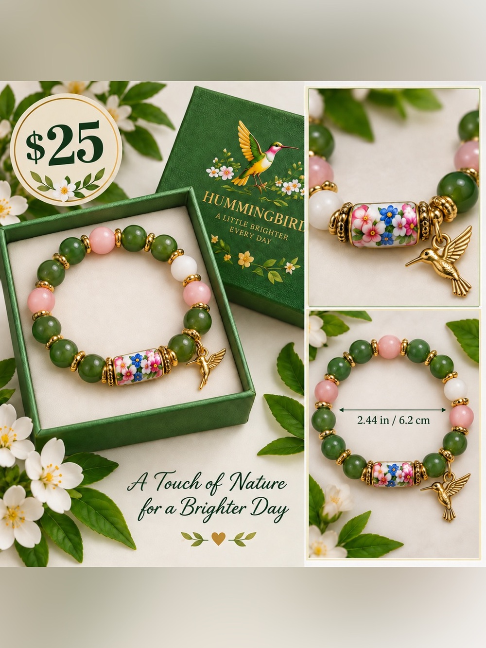 Hummingbird Spring Garden Green Jade Beaded Bracelet - Gold Accents